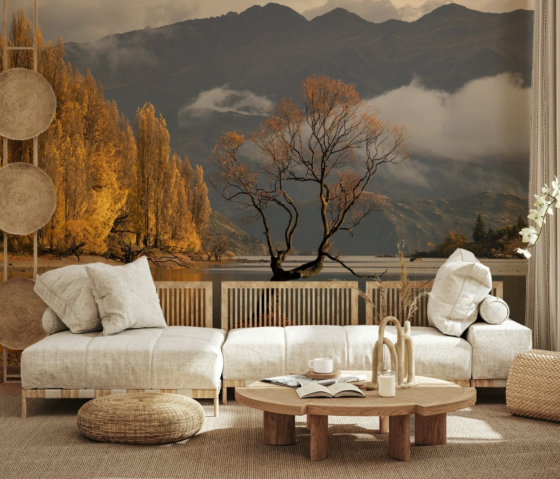 Autumn forest reflection mural in reading nook, golden color tones, cozy wall decor style