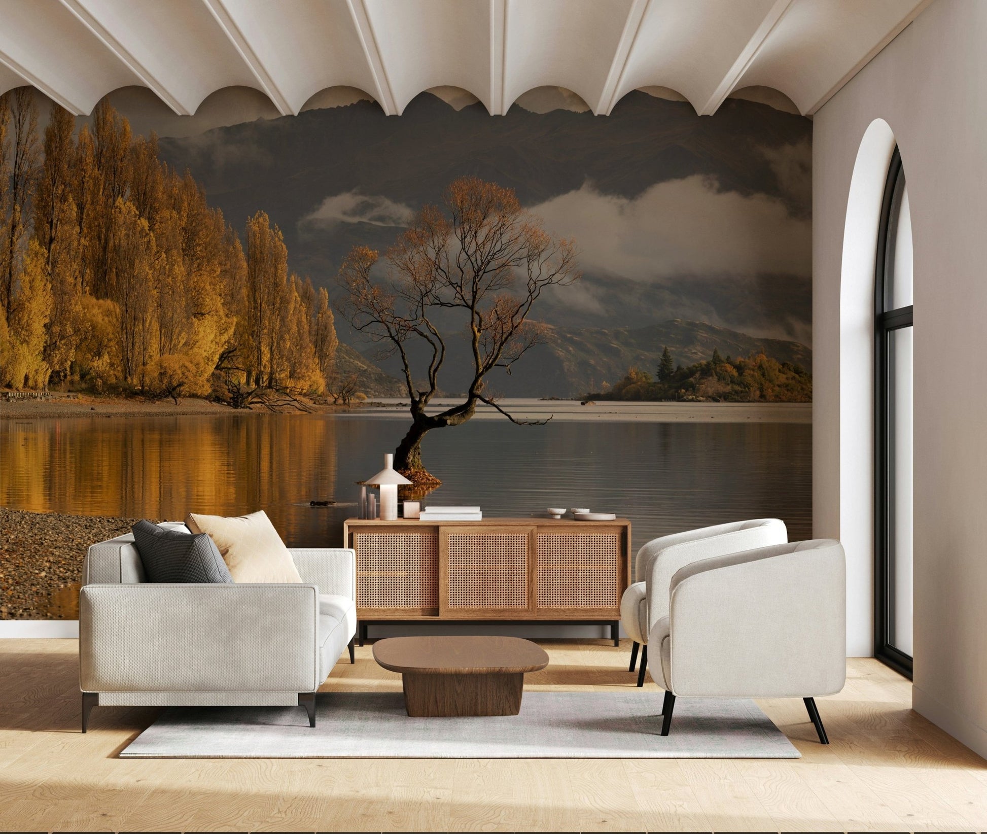 Autumn lake reflection wall mural in minimalist office, earthy colors, clean modern wall decor