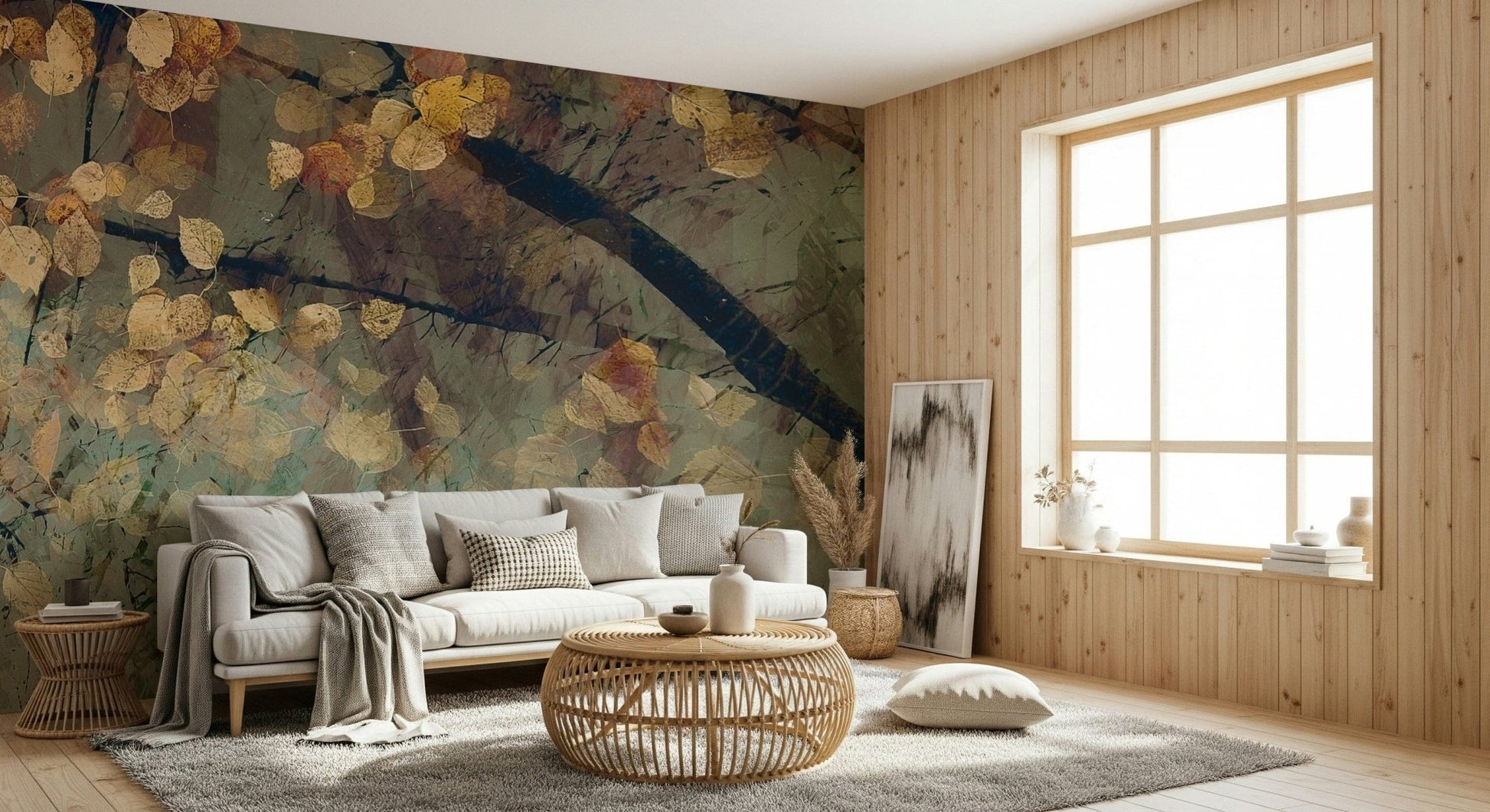 Autumn's Tranquil Reflection Wall Mural feature wall in a bedroom with linen bedding.