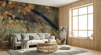 Autumn's Tranquil Reflection Wall Mural feature wall in a bedroom with linen bedding.