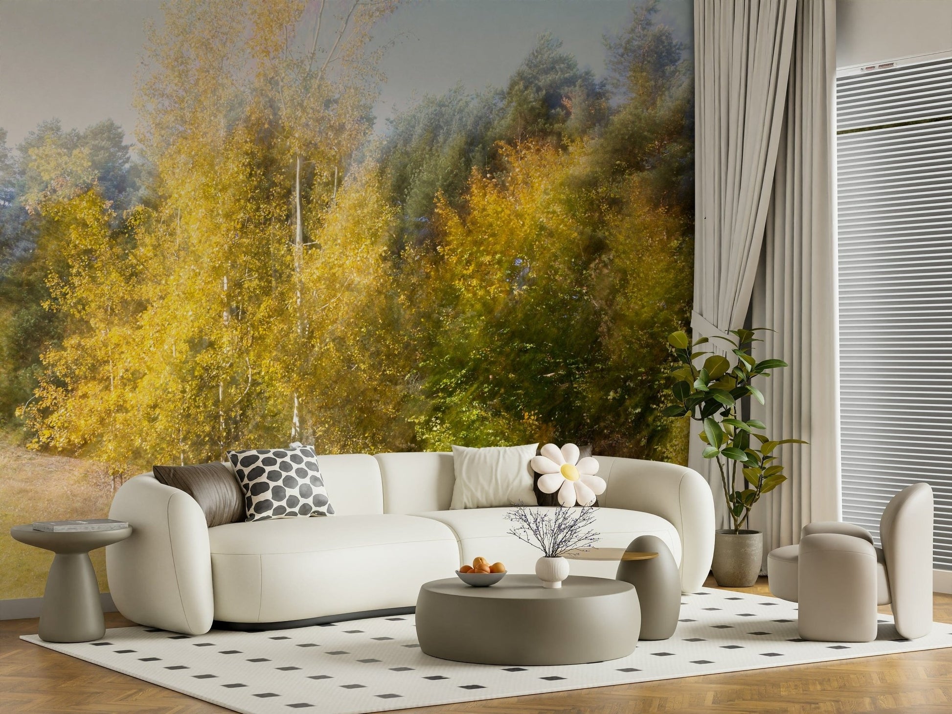 Golden trees photo mural in bedroom, soft focus, warm color tones