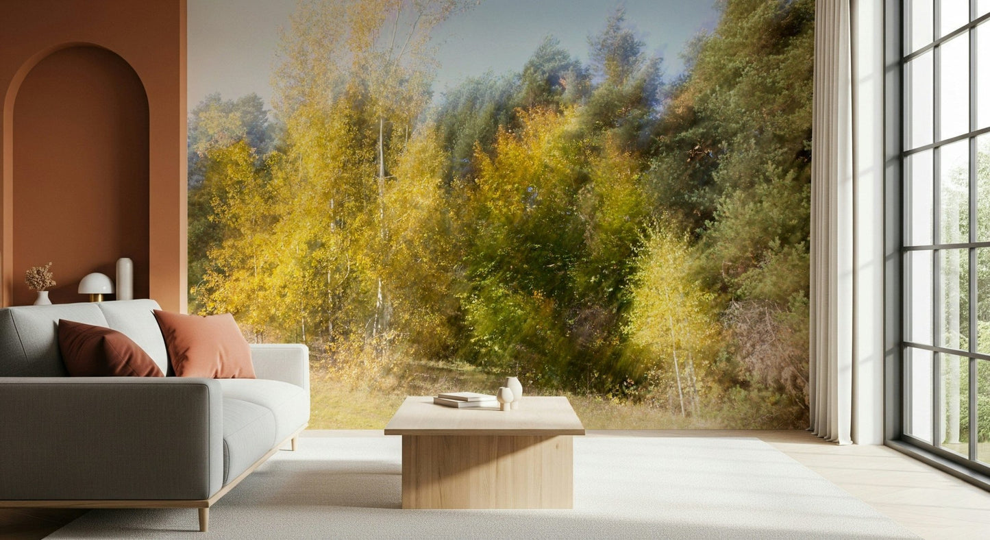 Dining room wall decor with golden tree mural, soft-focus nature style