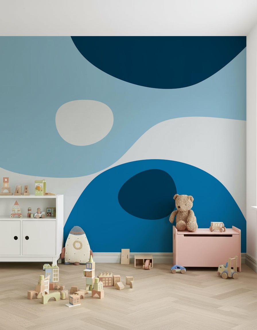 A modern blue-toned abstraction wallpaper with large rounded shapes and gentle curves.