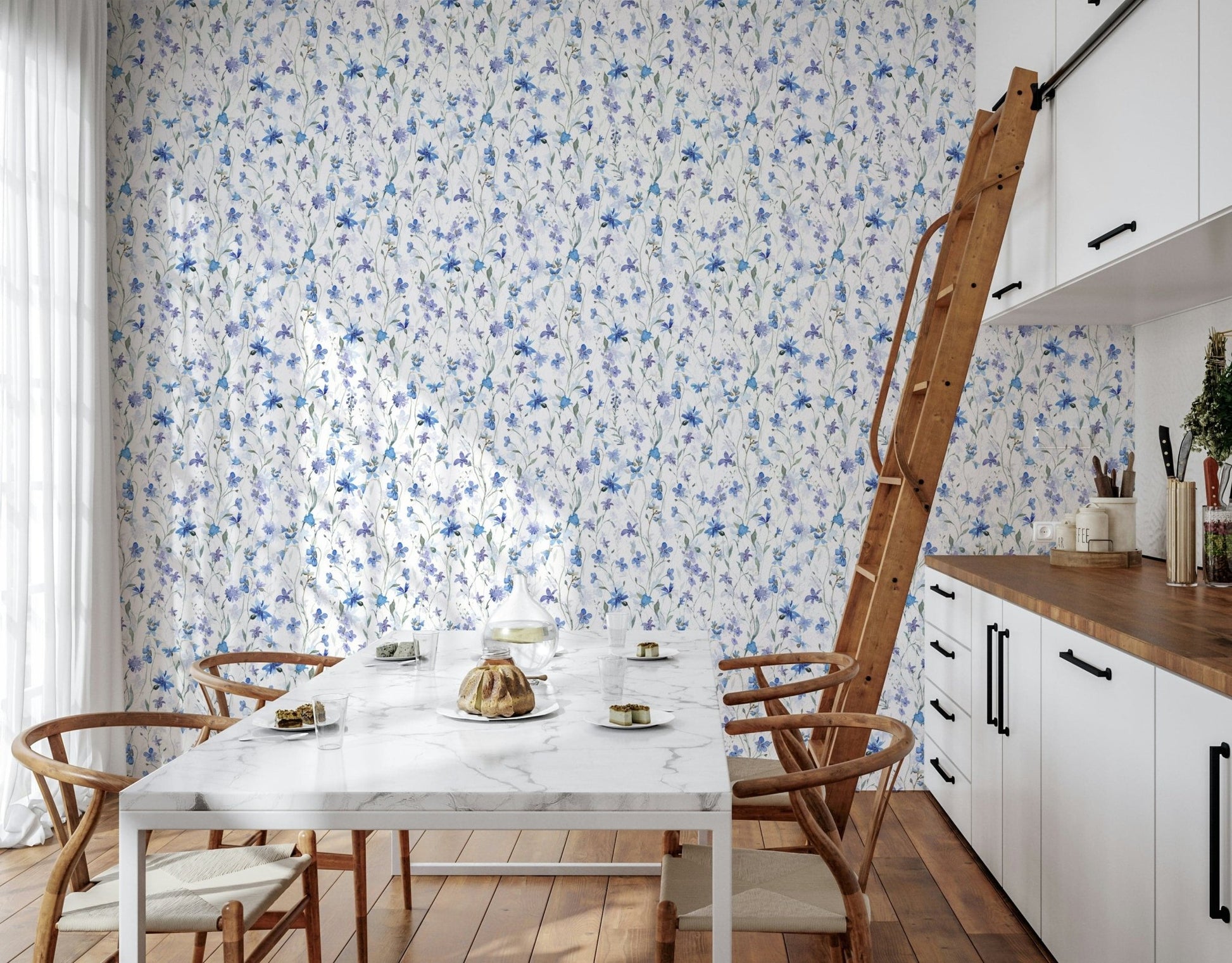 Minimalist office space featuring a floral wallpaper for a calm backdrop.