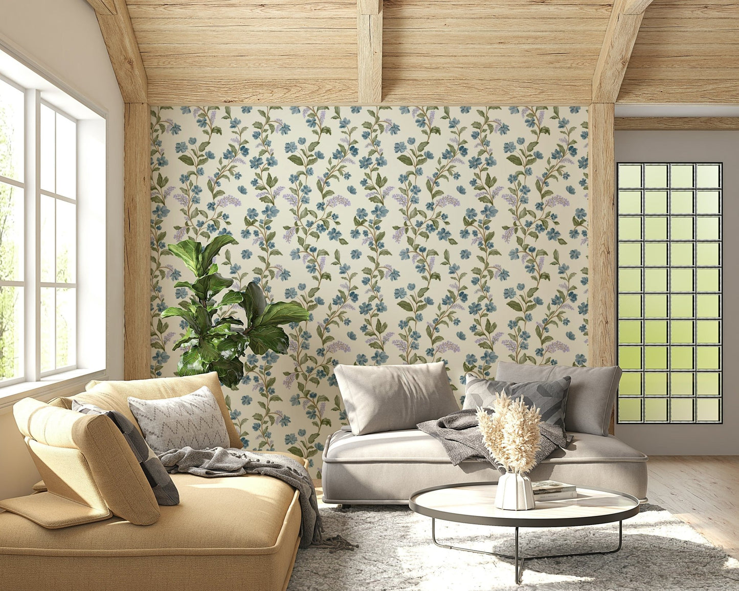 Serene Azure Bloom Trail wall mural creamy background botanical illustration.