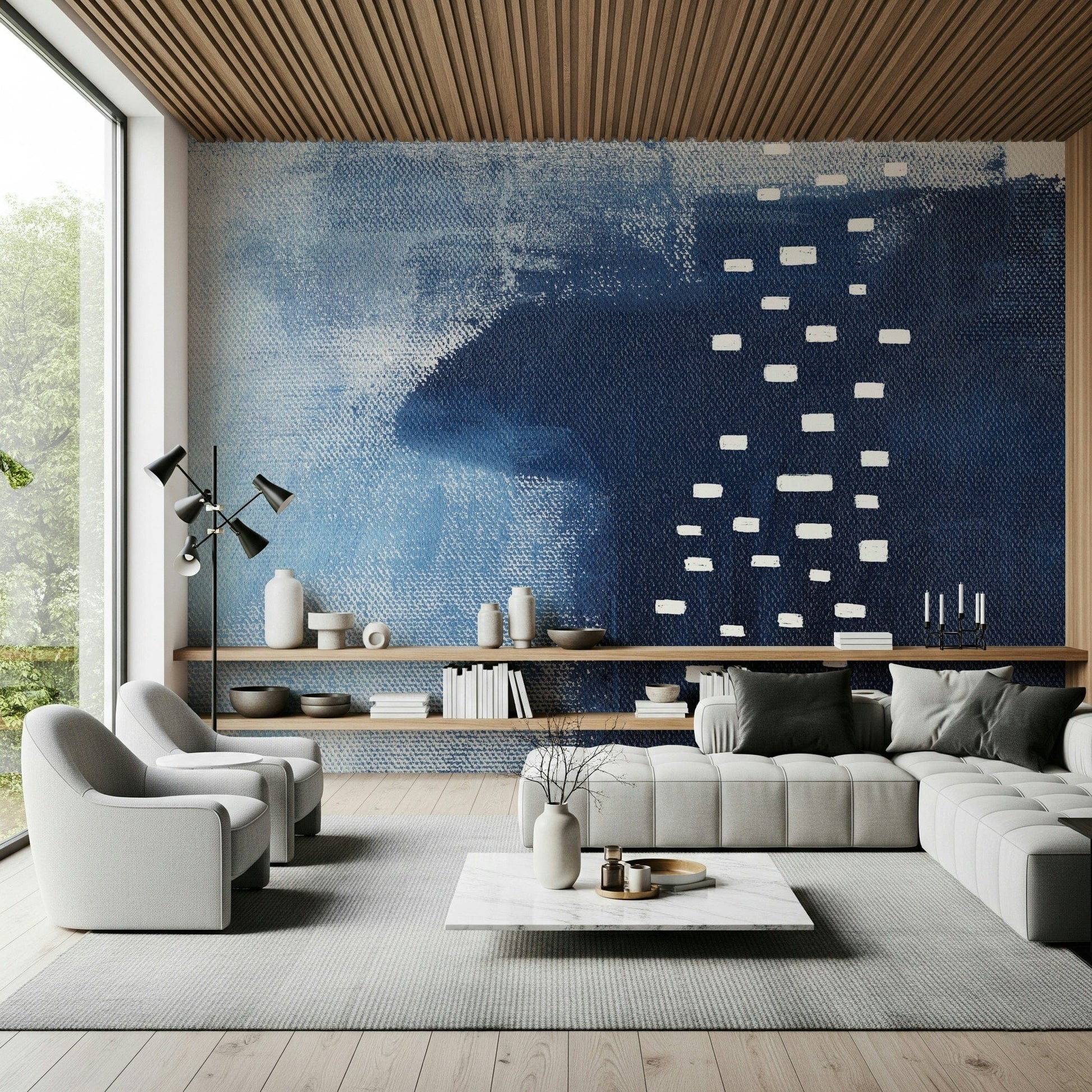 A peaceful modern abstract mural on decorative wallpaper.