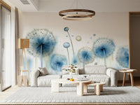 Azure Floral Dandelion Wall Art – Ethereal depiction of dandelion blooms and seeds dancing on a tranquil breeze.