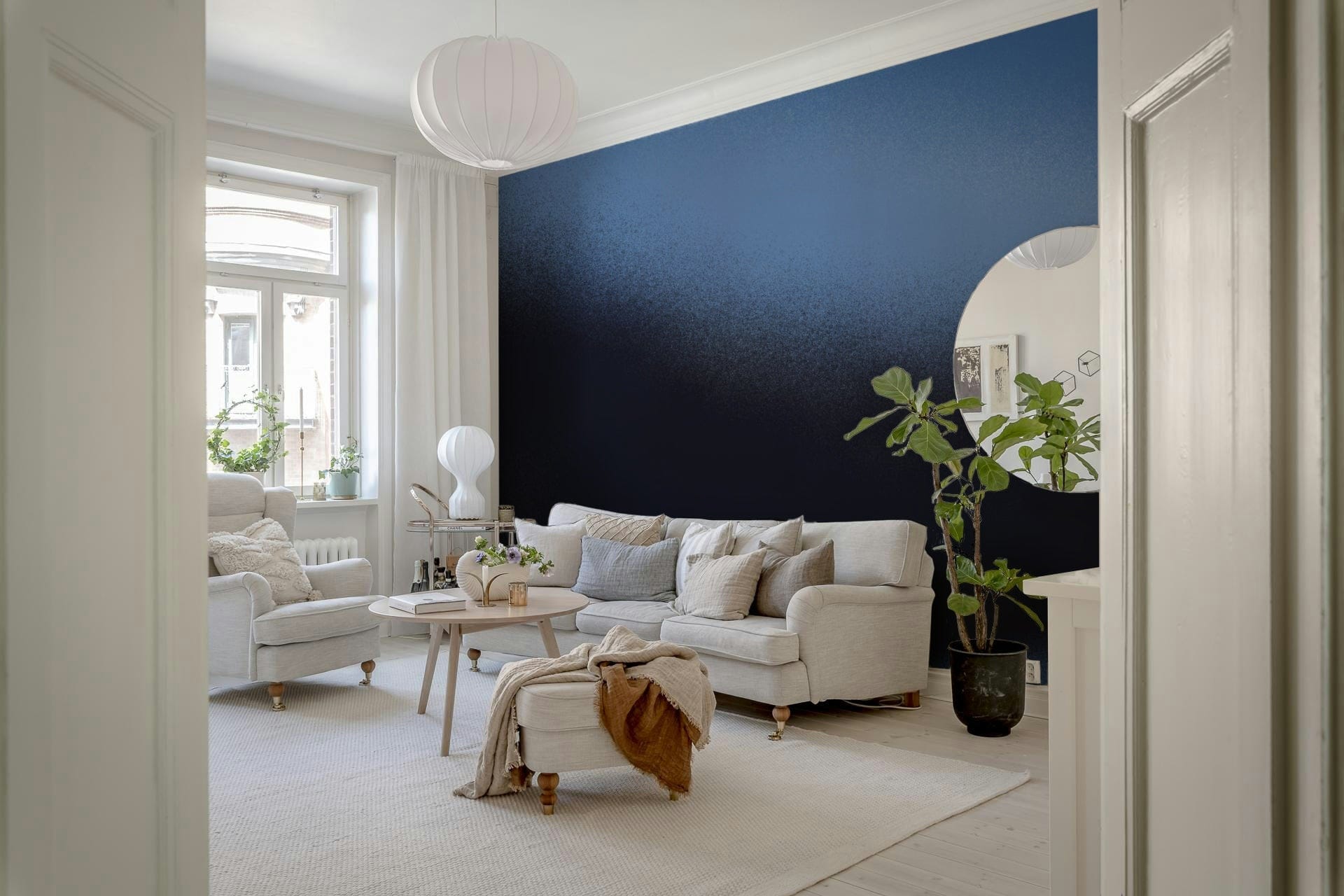 A peaceful abstract landscape mural on decorative wallpaper.

