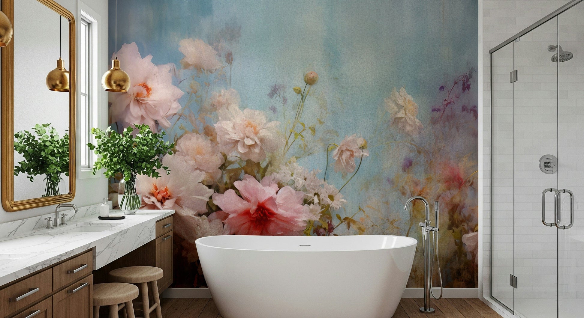 A beautiful modern art wall mural of delicate flowers.

