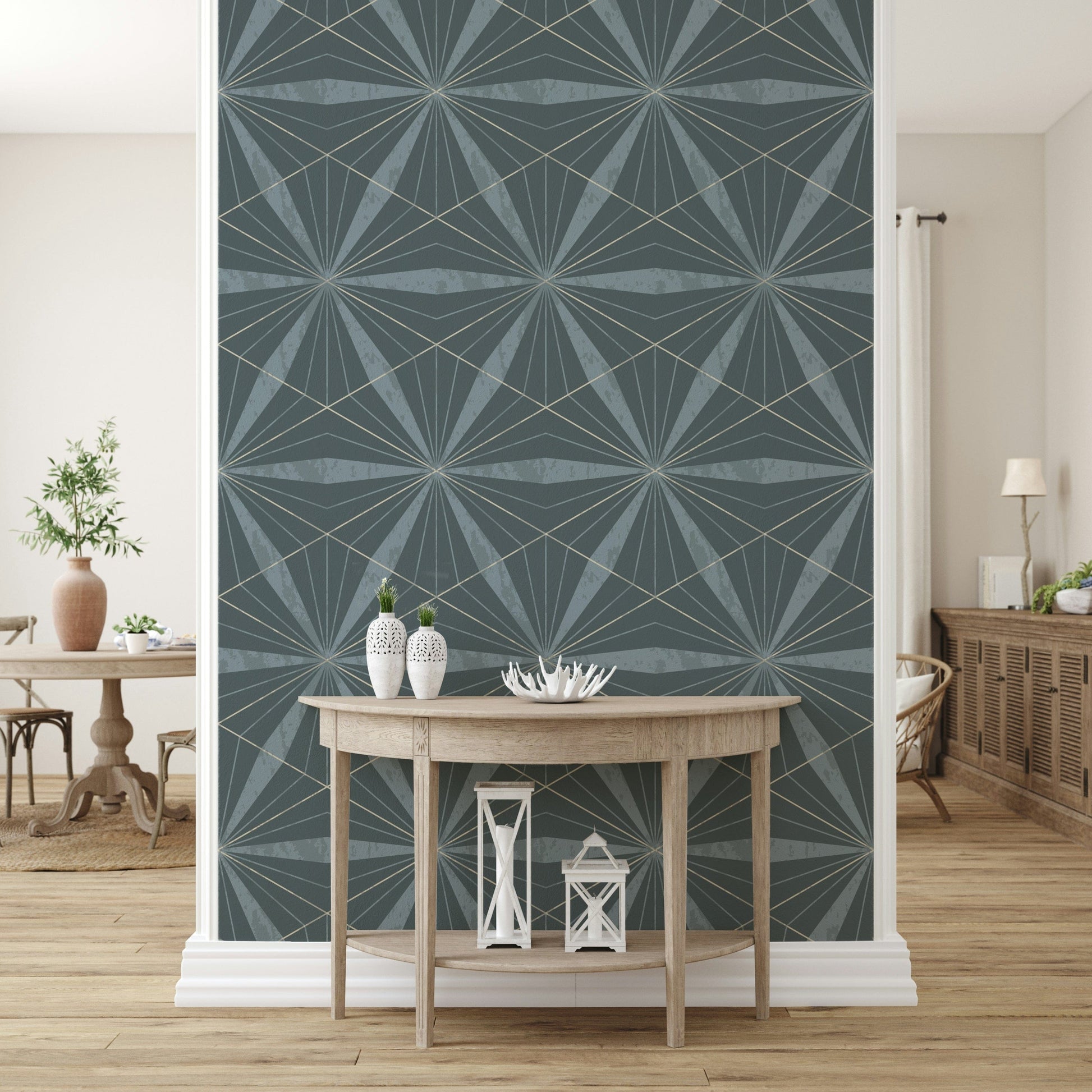 Intricate Azure Radiance repeat wallpaper featuring sharp, precise geometry.