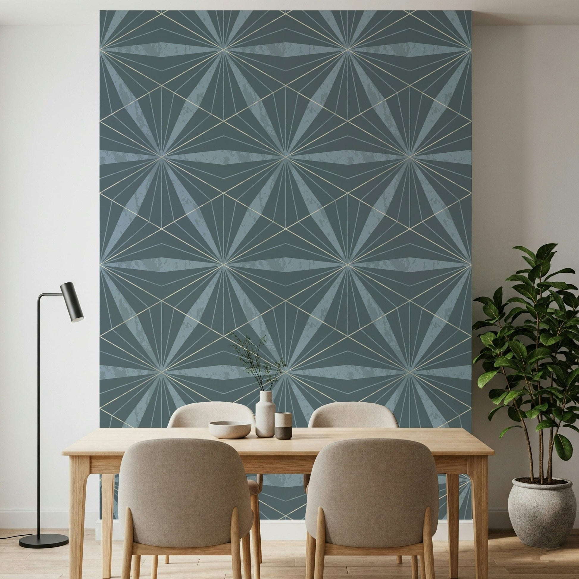 Clean angular starburst mural known as Azure Radiance.