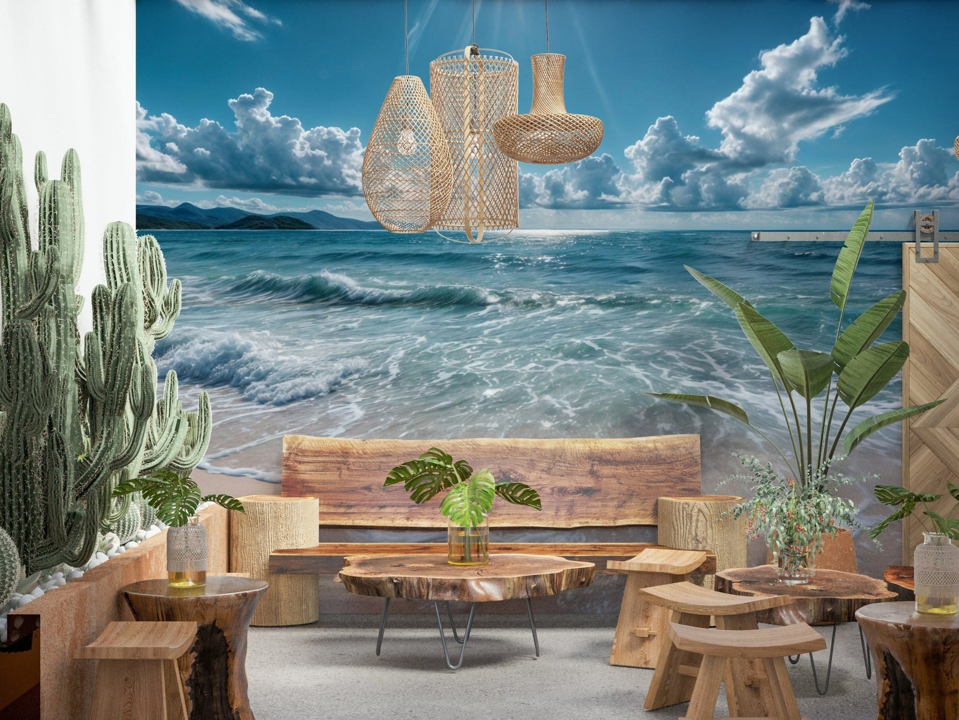 Abstract ocean-sky mural in home office, clean modern setting