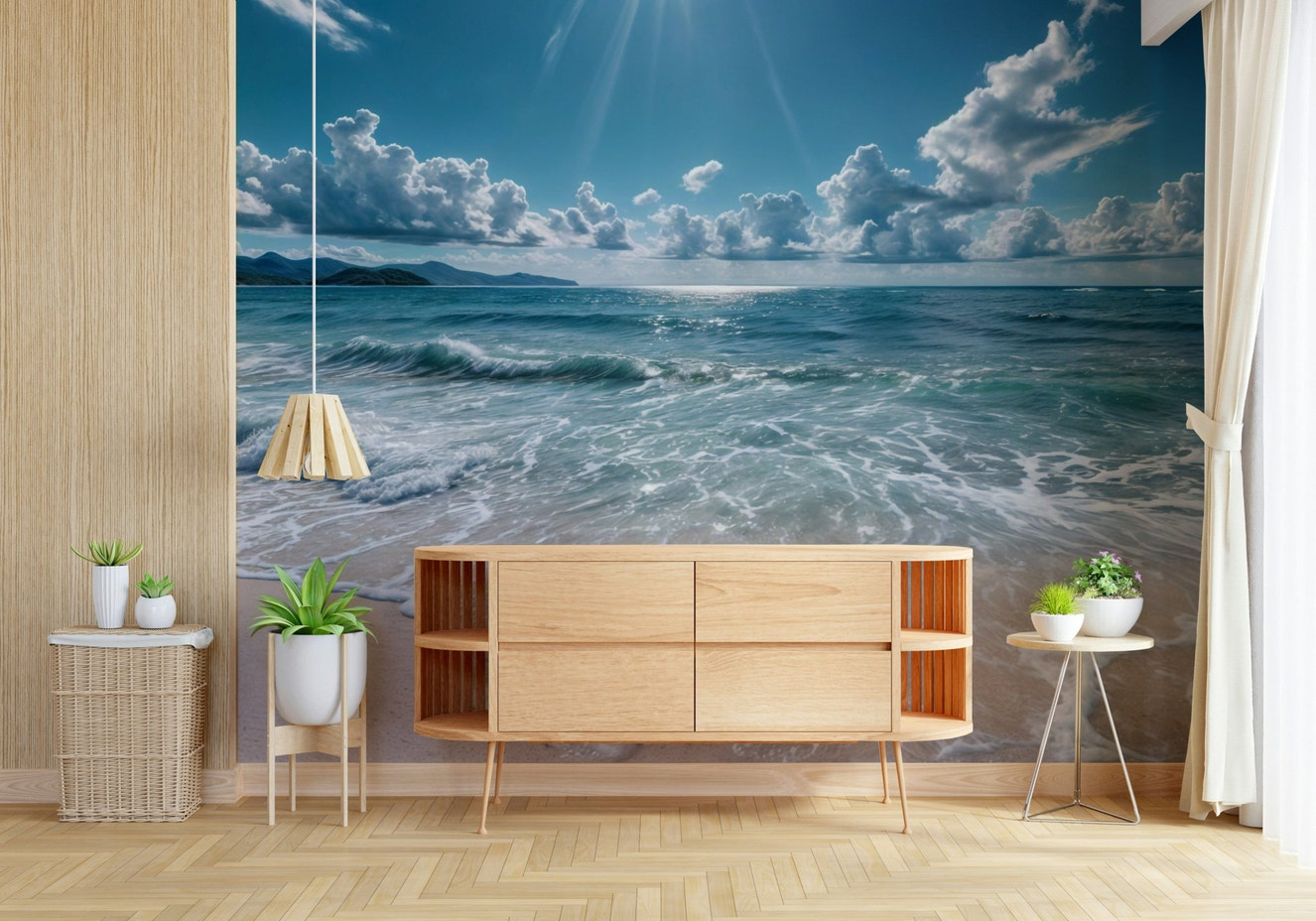 Azure Horizons Wall Mural in living space, blue horizon feature wall styling