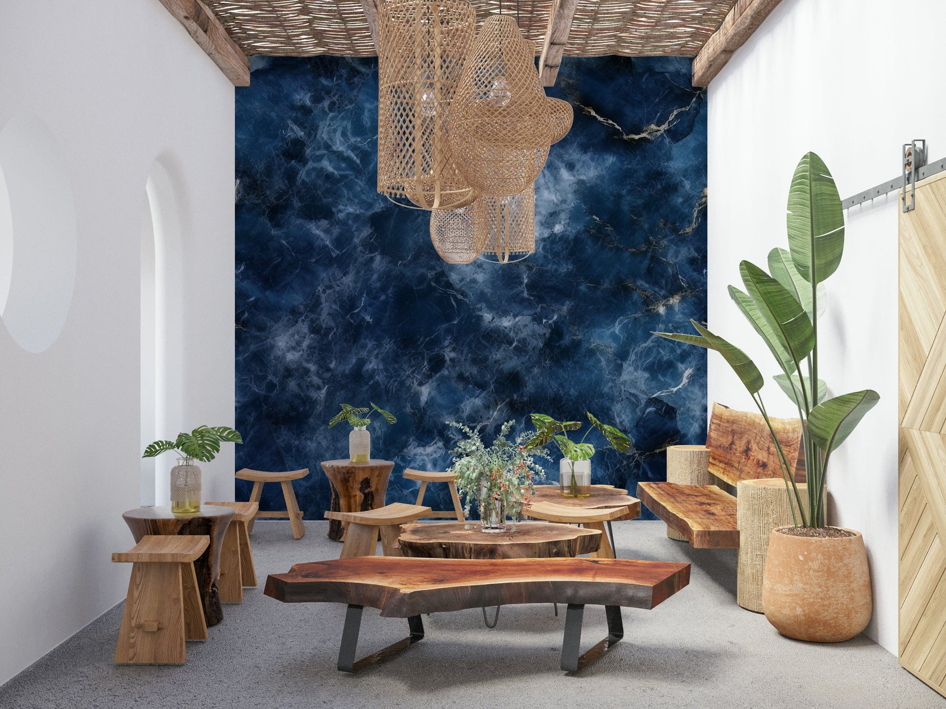 Wall mural with swirling blue hues evoking the depth and serenity of ocean waters.
