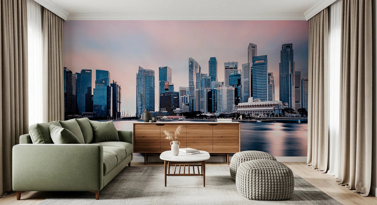 Azure Metropolis wallpaper mural of a dusk city skyline behind a green sofa and wood sideboard in a living room