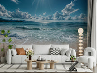 Coastal blue abstract mural behind grey couch, modern living space