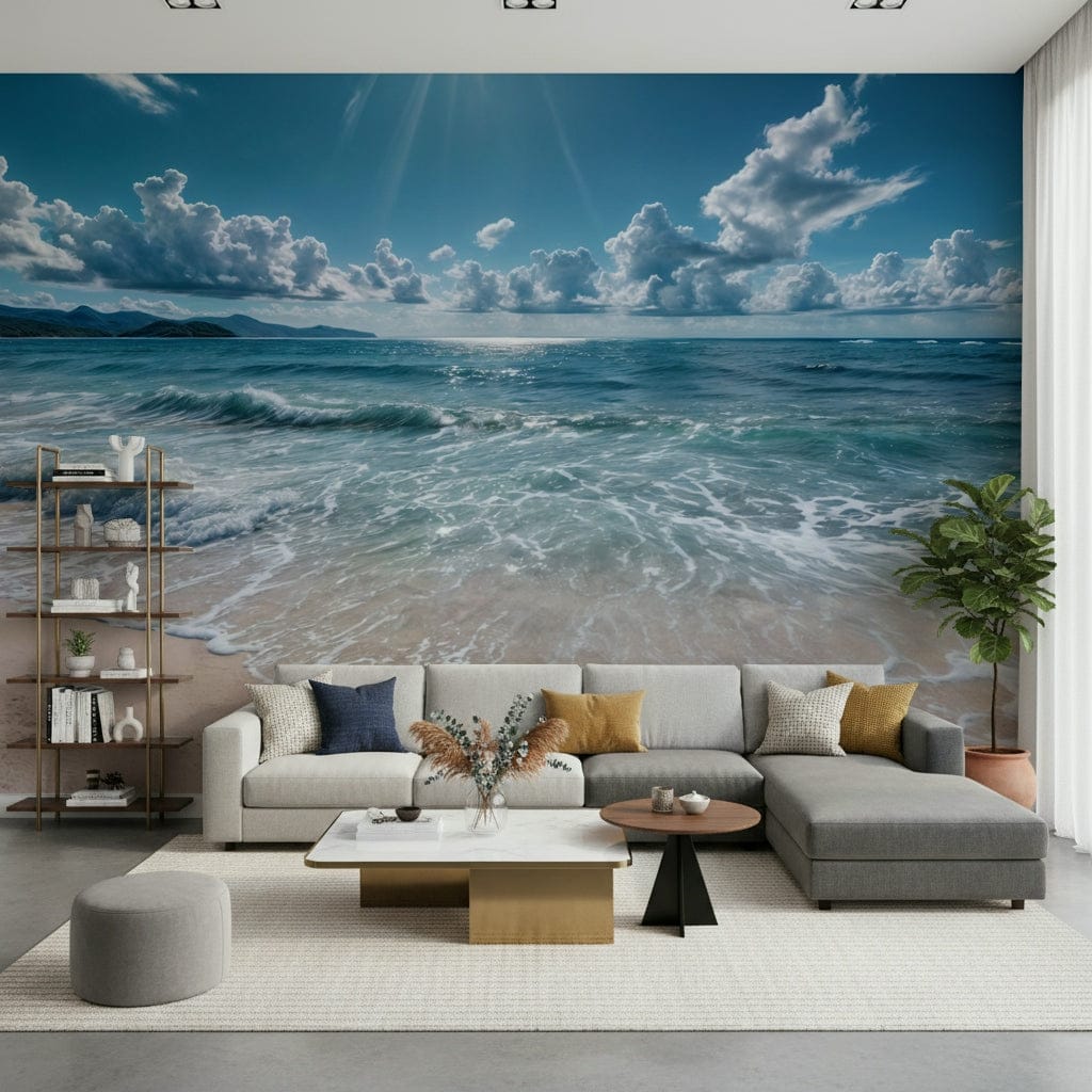 Blue ombré horizon feature wall in bedroom, relaxed home styling