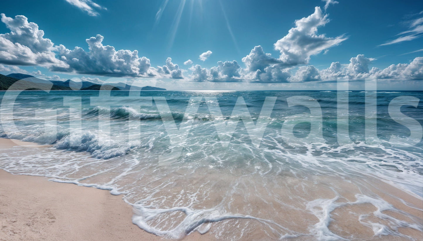 Soft blue horizon wallpaper behind TV unit, neat modern lounge décor