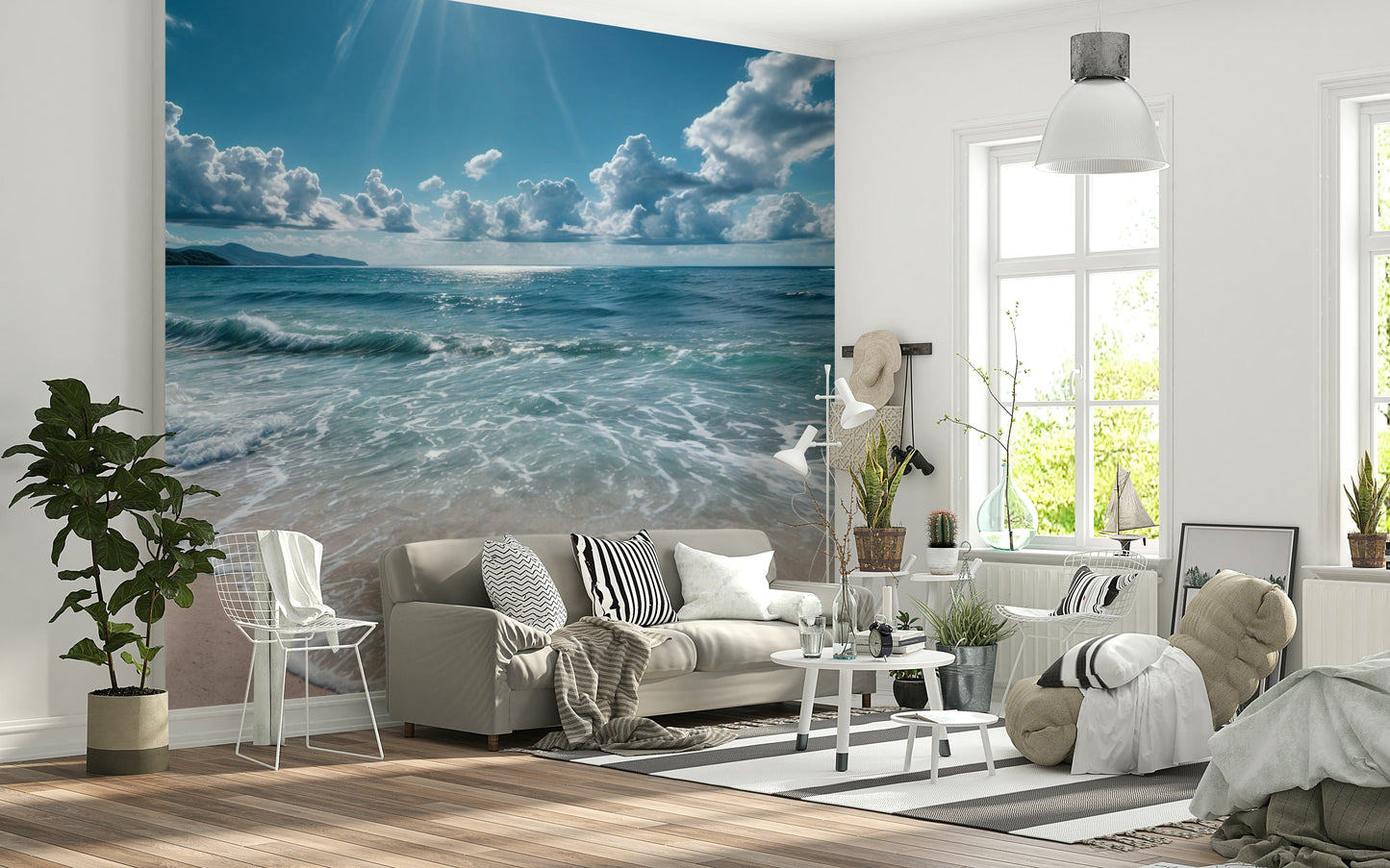 Soft sky-and-sea wall mural in nursery, light blues and whites