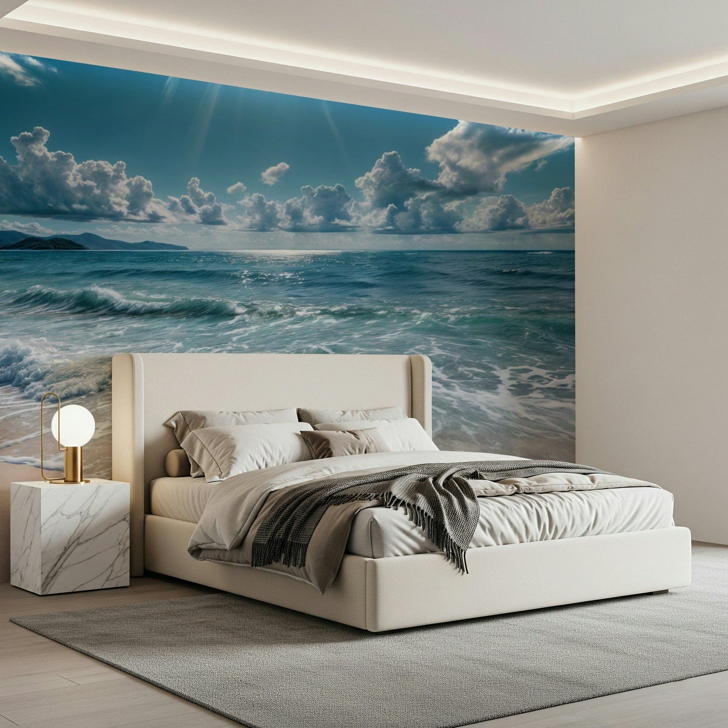 Calm blue horizon wallpaper in bedroom, gentle ombré wall backdrop