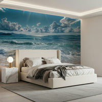 Calm blue horizon wallpaper in bedroom, gentle ombré wall backdrop