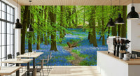 Reading nook wall decor with blue pathway mural, calm landscape style and soft light