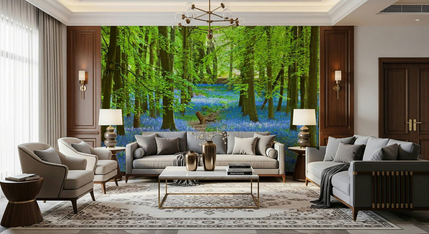 Bedroom wall mural with pathway view, soft blue tones for a modern interior