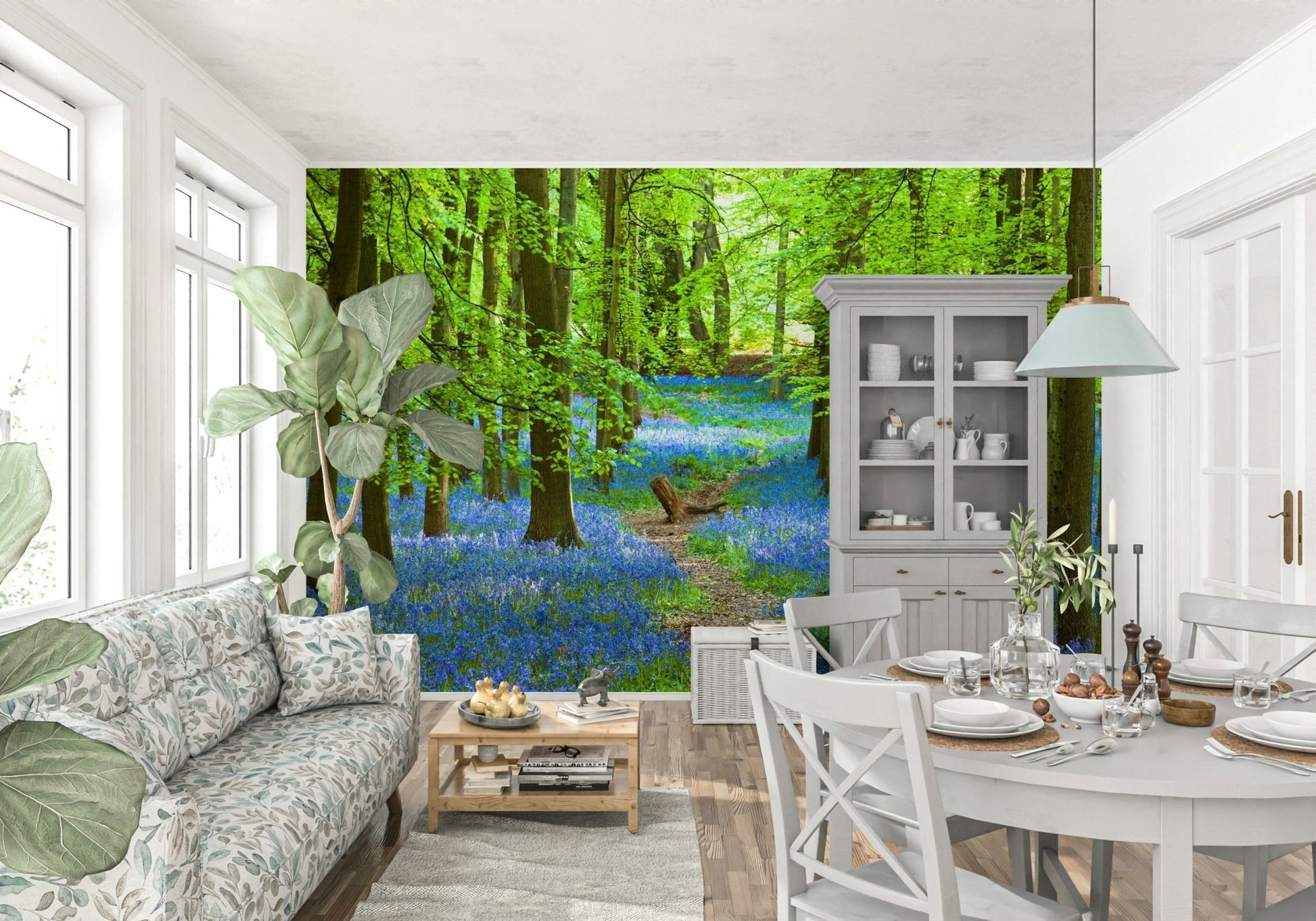 Minimal living room feature wall with azure mural, cool blue palette and open horizon