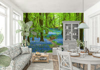 Minimal living room feature wall with azure mural, cool blue palette and open horizon