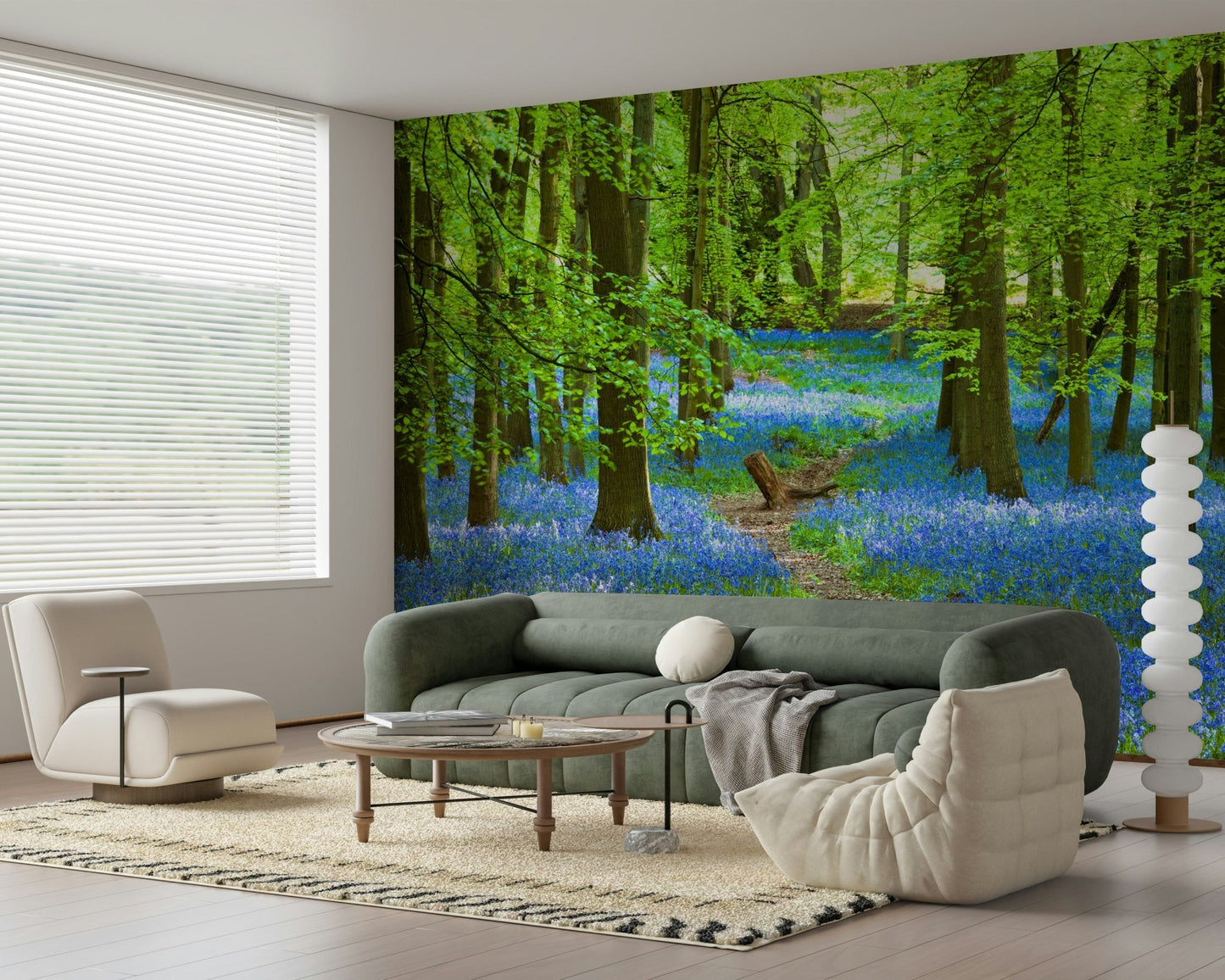 Azure Pathway Wall Mural behind sofa, modern wall decor with serene blue scenery