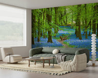 Azure Pathway Wall Mural behind sofa, modern wall decor with serene blue scenery