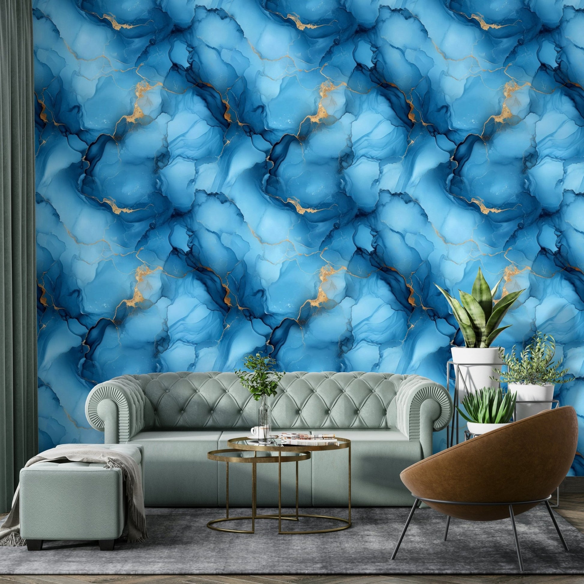 Serene blue wall mural with flowing water effect

