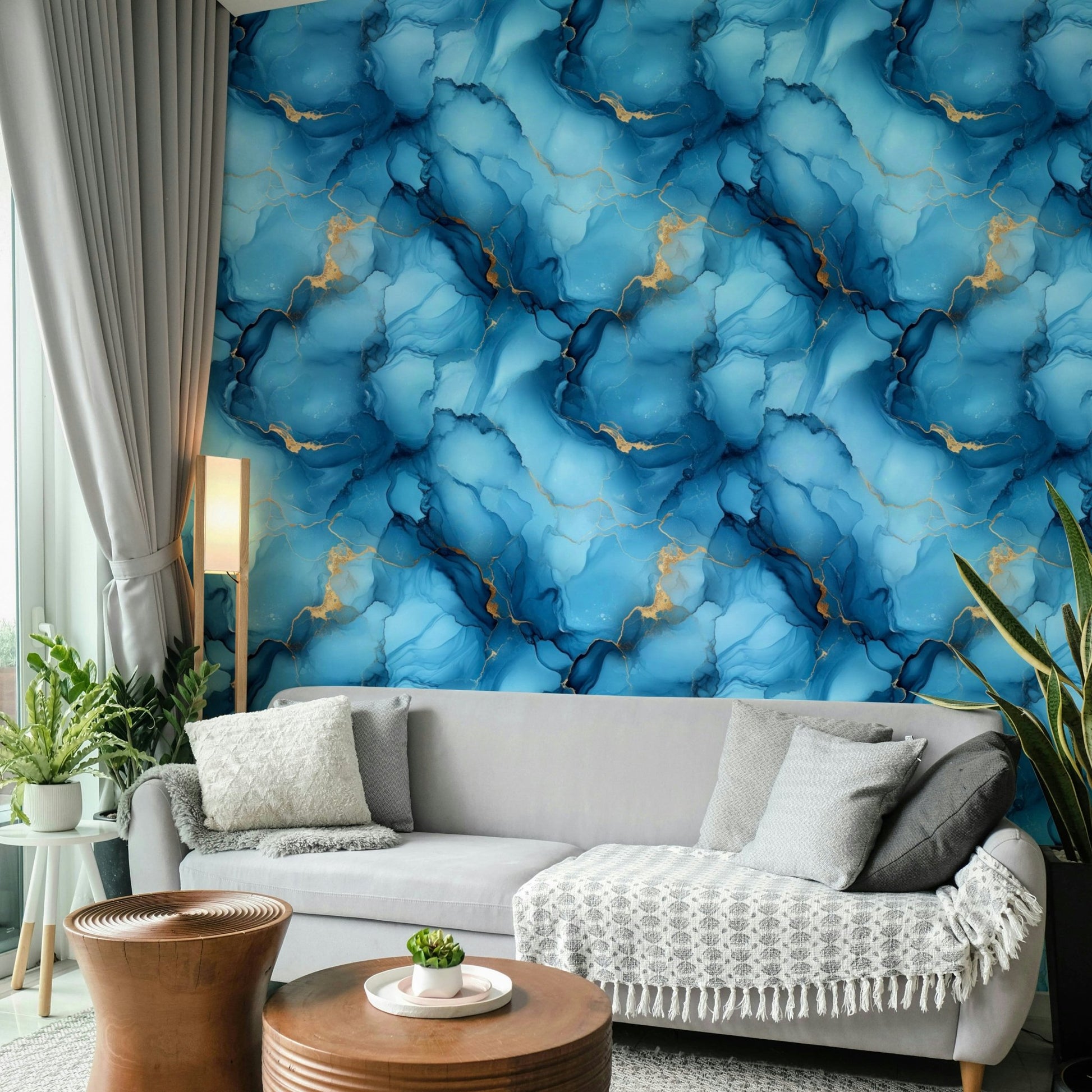 Peaceful room with Azure River Wallpaper accent wall

