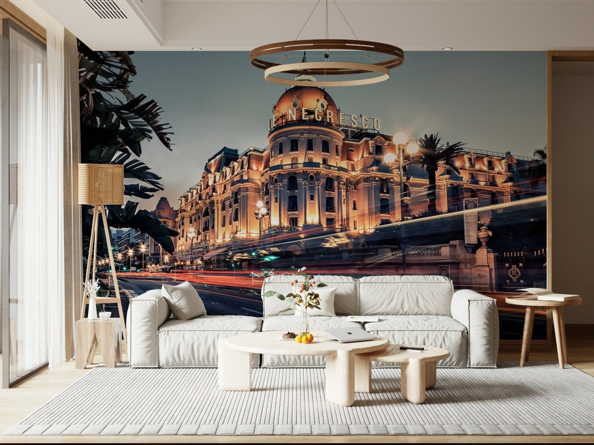 Ocean night wall mural in hallway, modern wall decor in blue colors