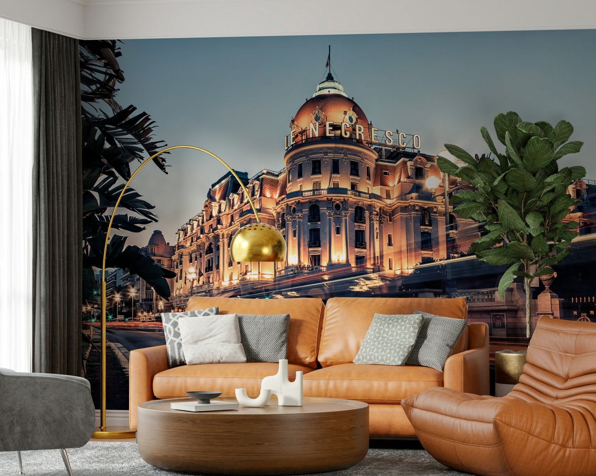 Blue seaside night wall mural in apartment bedroom, calm color tones