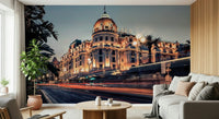 Night coast mural behind bed, modern bedroom wall decor in blue color