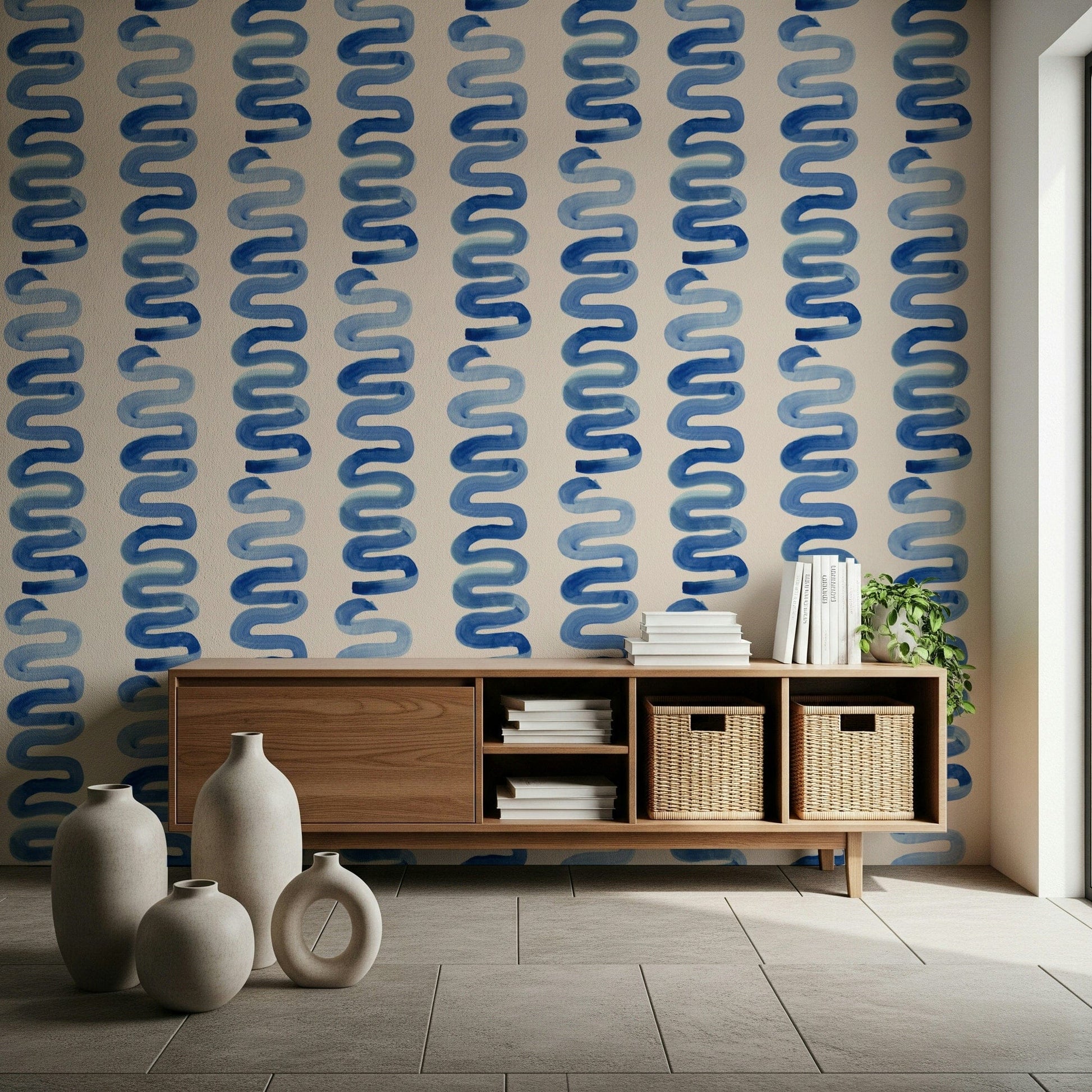 Azure-toned swirling shapes forming a soothing wall pattern.