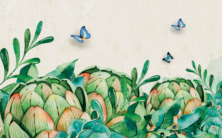 Aquarelle en papier peint mural jardin vert peint in your room — zoomed