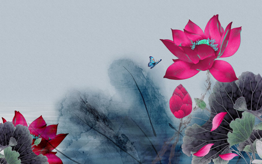 Red Water Lilies Wall Mural Wallpaper in your room — zoomed