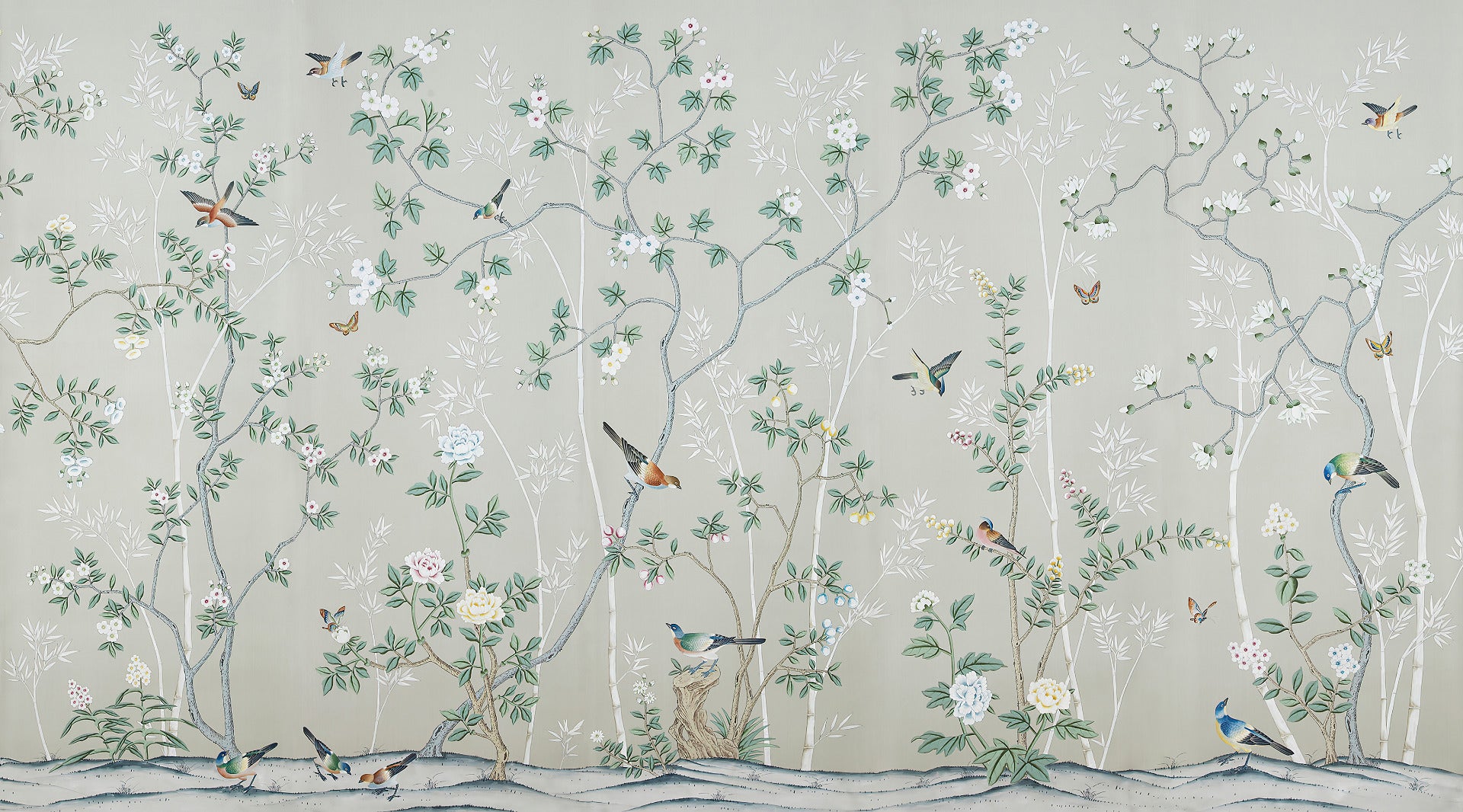 Grå & grøn blade Chinoiserie tapet in your room — zoomed