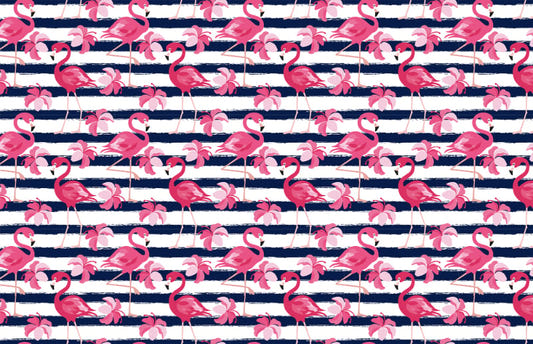 Stripes bleues et papier peint flamant rose
