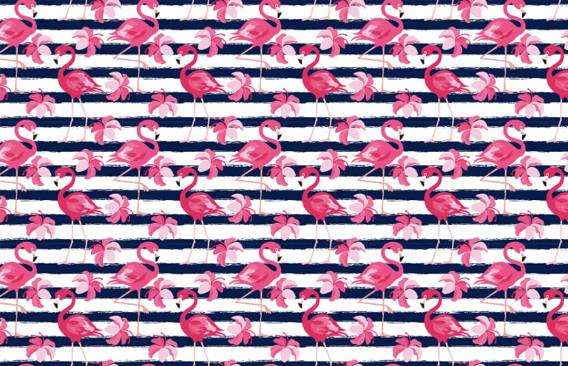 Blue Stripes & Pink Flamingo Wallpaper