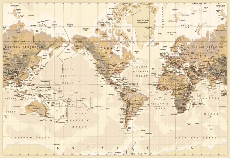 茶色のヴィンテージの世界地図の壁の壁画 in your room — zoomed