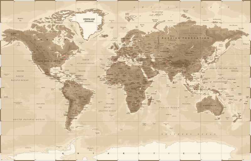 Murales murales de carte du monde détaillées brunes