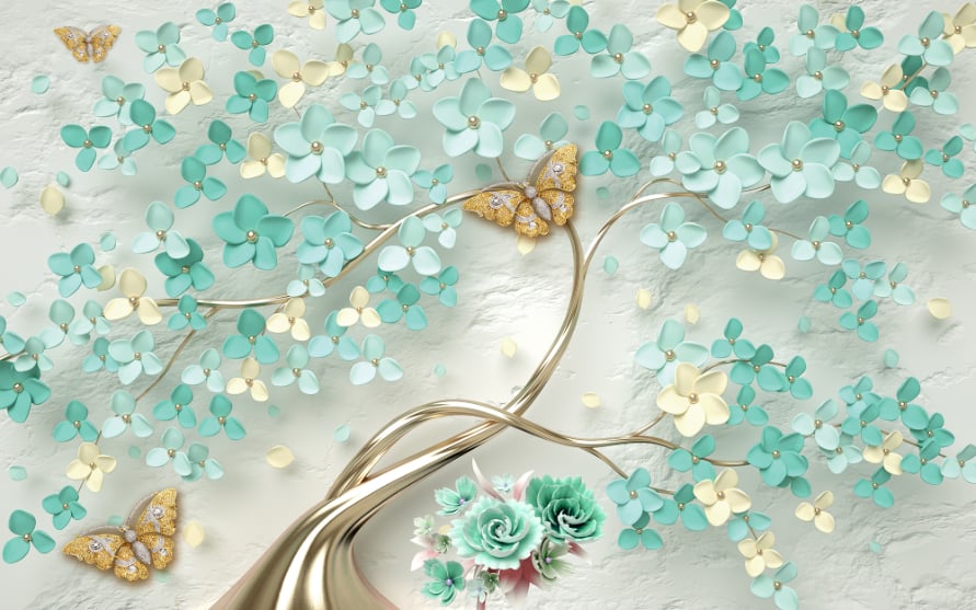 Fleurs vertes au papillon doré peint peintures peints in your room — zoomed