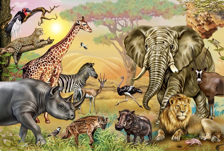 Afrikanische Savannah -Tiere Wallpaper Wandbild in your room — zoomed