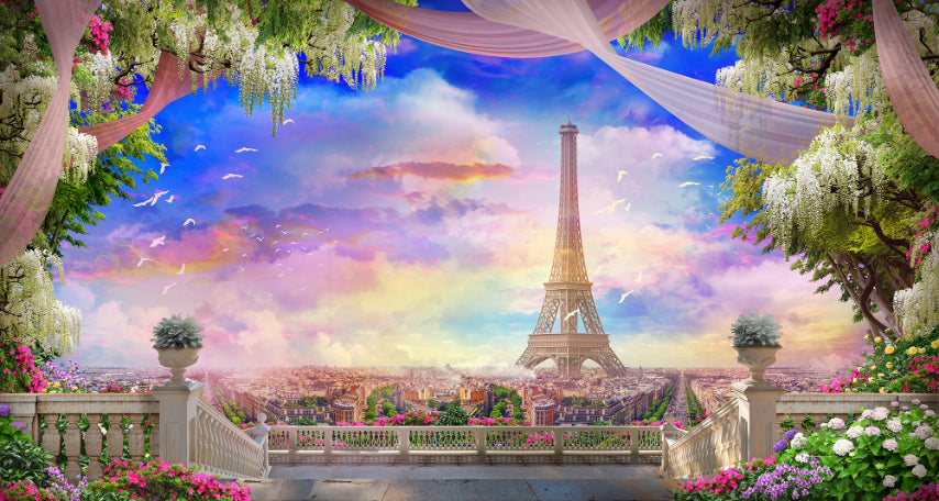 Parveke Eiffel Tower Pink Sunset -taustakuva Seinämaalaus