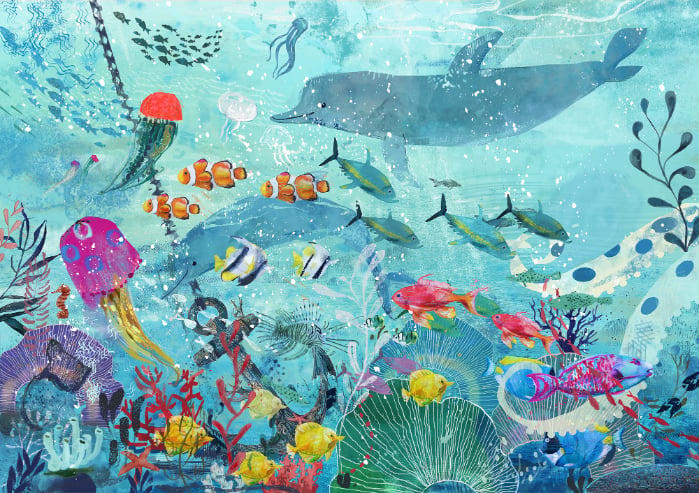 Aquarelle bleu sous-marin de poisson peint peint mural in your room — zoomed