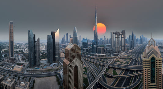 Dubai Skyline under solopgang tapetmalerier