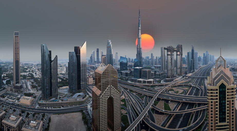 Dubai Skyline under solopgang tapetmalerier